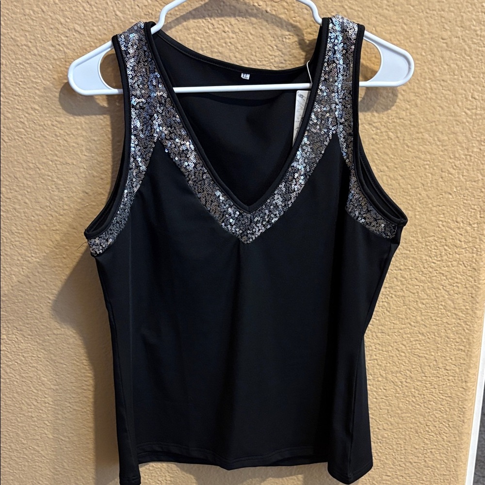 Elegant Black and Silver Sequin V-Neck Tank Top